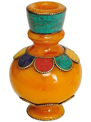 Tibetan Buddhist Small Ritual Vase  (Amber Dust with Inlay)