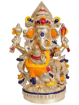9" Four Armed Seated Ganesha In Brass | Handmade | Made In India