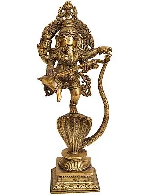 10" Lord Ganesha Dancing on Five-Hooded Serpent with Veena In Brass | Handmade | Made In India
