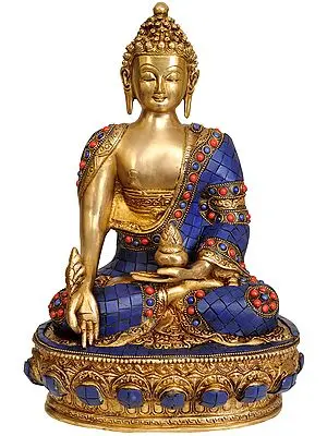 12" Lapis Healing Buddha (Tibetan Buddhist Deity)   with the Scenes of Life of Buddha on Reverse In Brass | Handmade | Made In India