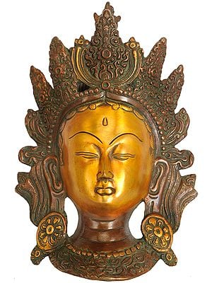 10" Goddess Tara Wall Hanging Mask in Brass | Handmade Buddhist Deity Statue | Made in India