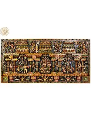 Shri Krishna Lila Panel with Vishnu-Lakshmi Seated on  Sheshasanaga, Standing Vishnu with the Figures of Dwarf, Yali and Doorkeepers