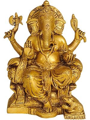 6" Brass Lord Ganesha Statue Seated on Throne | Handmade