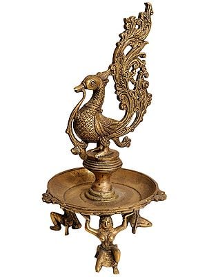 15" Peacock Lamp Supported by Ladies In Brass | Handmade | Made In India