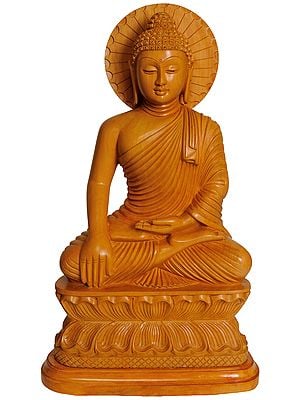 Lord Buddha Idol in Earth Touching Gesture Carved in Kaima Wood