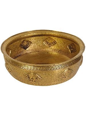 12" Large Size Ritual Bowl with Ashtamangala Symbols  and Vishva Vajra Figure In Brass | Handmade | Made In India