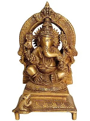 7" Enthroned Ganesha Sculpture in Brass | Handmade | Made in India