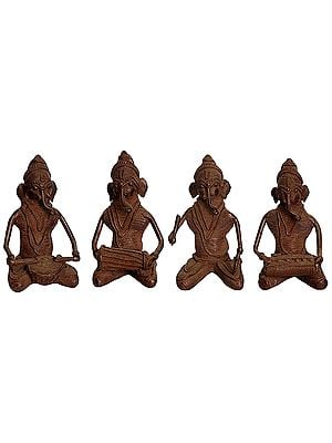 3" Set of Four Musical Ganeshas (Tribal  Statues from Bastar) In Brass | Handmade | Made In India