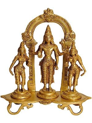 9" Lord Vishnu with Shridevi and Bhudevi In Brass | Handmade | Made In India
