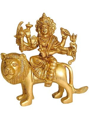 4" Goddess Durga Statue Seated on Lion in Brass | Handmade | Made in India