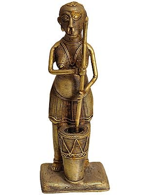 7" Tribal Lady Grinding Corn in Ukhal In Brass | Handmade | Made In India