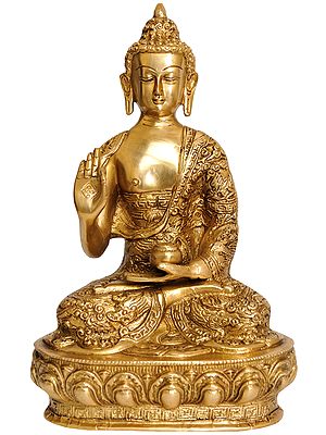 10" Preaching Buddha (Robes Decorated with Auspicious Symbols) In Brass | Handmade | Made In India