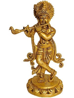 6" Shri Krishna Idol Playing on Flute in Brass | Handmade | Made in India