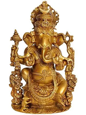 13" Lord Ganesha with Crescent Moon on His Crown In Brass | Handmade | Made In India