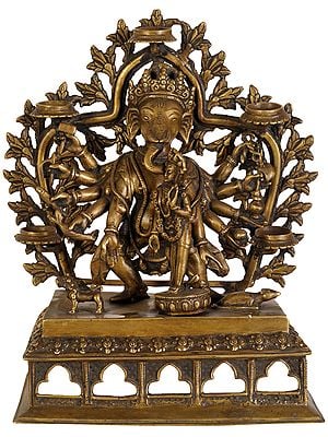 12" Ten Armed Ganesha with Shakti and Five Diyas In Brass | Handmade | Made In India