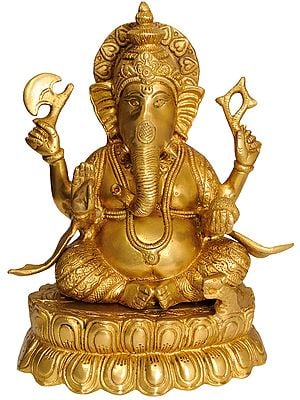 9" Four Armed Seated Lord Ganesha In Brass | Handmade | Made In India
