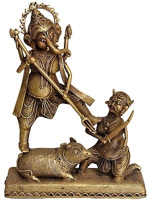 Lord Ganesha Annihilating Demon (Tribal Statue)