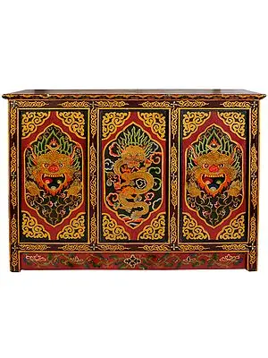 Tibetan Buddhist Large Size Wooden Cupboard with the Figures of Dragon and Yamantaka