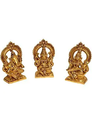 5" Ganesha,Lakshmi and Saraswati (Set of Three statues) In Brass | Handmade | Made In India