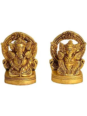 3" Lakshmi Ganesha with Pipal Leaf Decoration In Brass | Handmade | Made In India