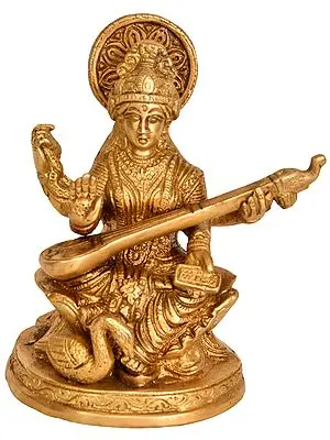 5" Goddess Saraswati In Brass | Handmade | Made In India
