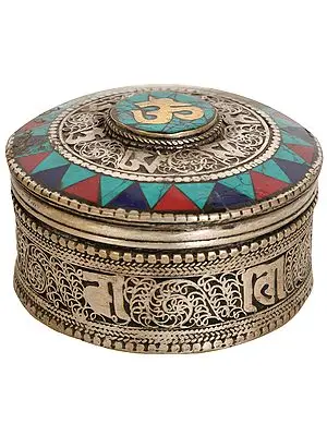 Tibetan Buddhist Om Ritual Box with Filigree Work