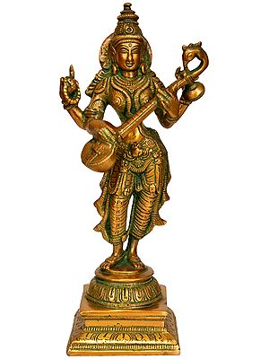 10" Goddess Saraswati In Brass | Handmade | Made In India