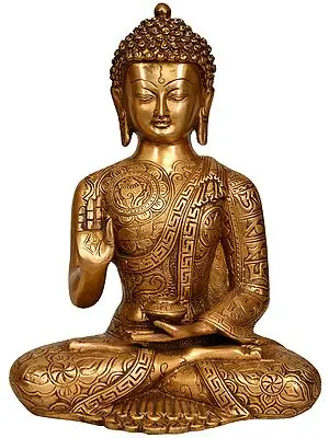 12" Lord Buddha in Vitark Mudra with Auspicious Symbols and Mantras on His Robe In Brass | Handmade | Made In India