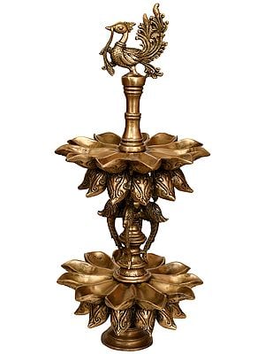20" Peacock Lamp (Twenty Two Wicks ) In Brass | Handmade | Made In India
