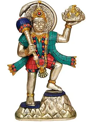 9" Lord Hanuman Carrying Mount Dron of Sanjeevani Herbs In Brass | Handmade | Made In India