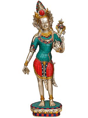 17" Tibetan Buddhist Deity- Standing Tara In Brass | Handmade | Made In India