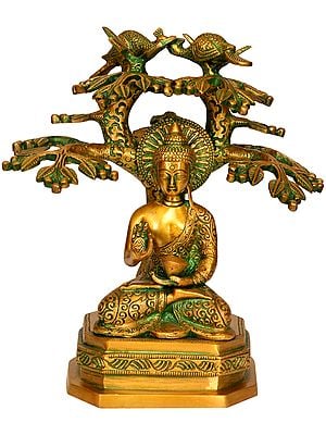 9" Tibetan Buddhist Deity Lord Buddha Under The Bodhi Tree In Brass | Handmade | Made In India
