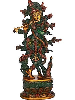 12" Lord Krishna Playing Flute In Brass | Handmade | Made In India