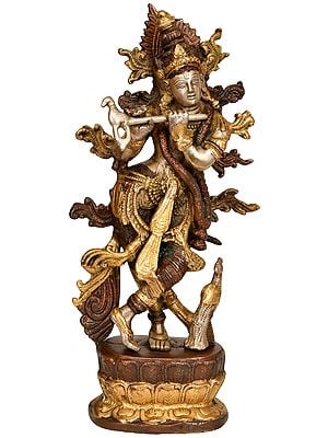 12" Lord Krishna Idol Playing Flute | Handmade Brass Sculpture | Made in India