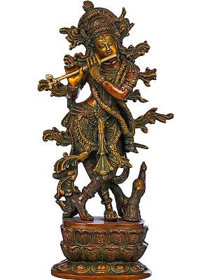 12" Lord Krishna Idol Playing Flute | Handmade Brass Sculpture | Made in India