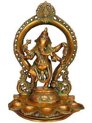 13" Dancing Ganesha Five Wick Lamp In Brass | Handmade | Made In India
