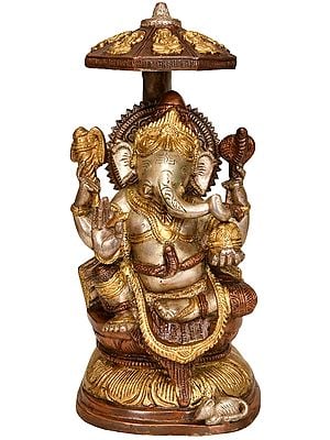10" Lord Ganesha Seated on Lotus Pedestal with Umbrella In Brass | Handmade | Made In India