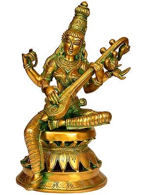 12" Goddess Saraswati Playing on Veena In Brass | Handmade | Made In India
