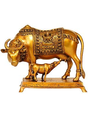 10" Cow and Calf (Saddle Decorated with Goddess Lakshmi) in Brass | Handmade | Made in India