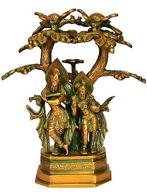 10" Radha Krishna Under the Kadamba Tree In Brass | Handmade | Made In India