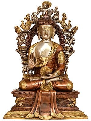 11" Lord Buddha Seated on Six-Ornament Throne of Enlightenment In Brass | Handmade | Made In India