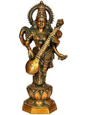 13" Goddess Saraswati In Brass | Handmade | Made In India