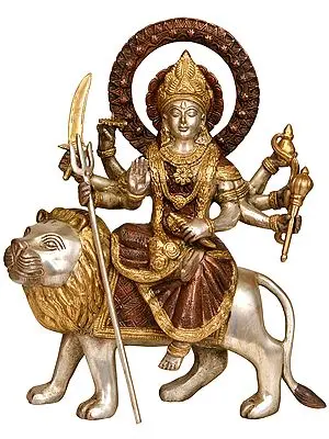 12" Ashtabhuja-dhari Durga on Her Mount Lion In Brass | Handmade | Made In India