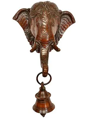 9" Lord Ganesha Wall Hanging Mask with Bell In Brass | Handmade | Made In India