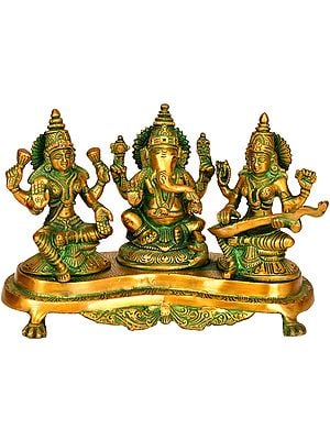 9" Three Auspicious Deities - Lakshmi Ganesha and Saraswati In Brass | Handmade | Made In India
