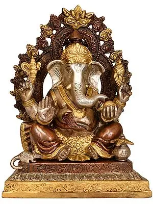 11" Lord Ganesha on Throne with Prabhavali and Kirtimukha In Brass | Handmade | Made In India