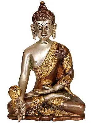 7" Tibetan Buddhist Deity Medicine Buddha Idol in Brass | Handmade | Made in India