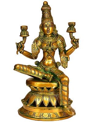 12" Goddess Lakshmi Seated on Lotus Pedestal In Brass | Handmade | Made In India