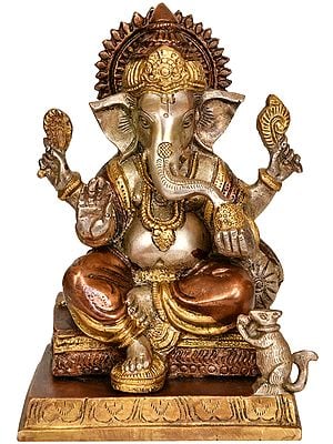 7" Lord Ganesha Seated on Chowki | Handmade | Brass | Made In India