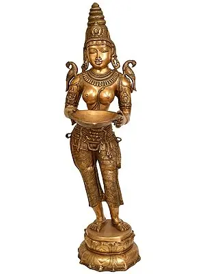 45" Large Size Deepalakshmi with Parrot on Shoulders In Brass | Handmade | Made In India